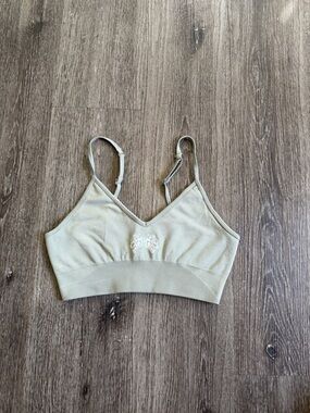 Wolges Sage Green Seamless V-Neck Bralette with Embroidered Accent